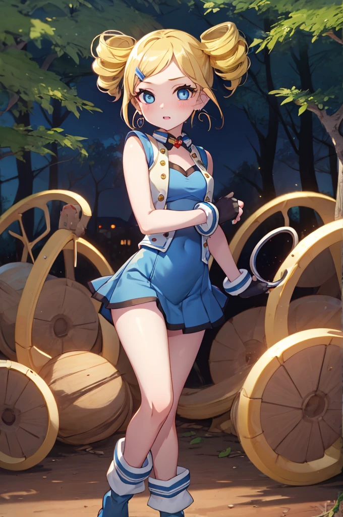 ppgzbb, blue eyes, Blonde, Twin Drill, Hair Clip, Earrings, Best, Blue leotard，Blue Skirt, Short skirt, boots, Are standing, forest 