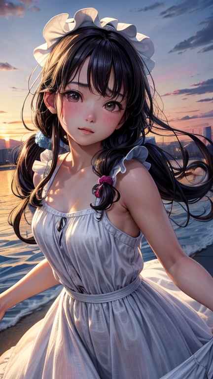 (Highest quality,masterpiece:1.3,Ultra-high resolution),(Very detailedな、Caustics) (Realistic:1.4, RAW shooting、)Ultra-Realistic Capture、Very detailed、Natural skin texture、masterpiece、(Summer Dresses:1.3)、1 Japanese girl、Adorable expression、Expressions of happiness、14 years old、Young Face、Surprisingly cute、Twin tails、Curly Hair、Black Hair、Scrunchie、light makeup、The Great Depression is about to burst、Middle school students&#39;Favorite pose、Shining thighs、Summer sunshine、smile、An inviting gaze、