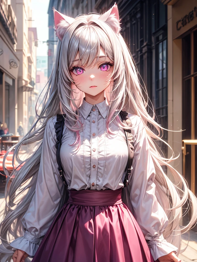 Highly detailed face,fine grain,Sparkling eyes,Highlighted eyes,Medium chest,pretty girl, Longing eyes,Cat ear, Beautiful silver hair,Pink inside,Beautiful pink eyes,Oversized shirt,skirt,Cafe
