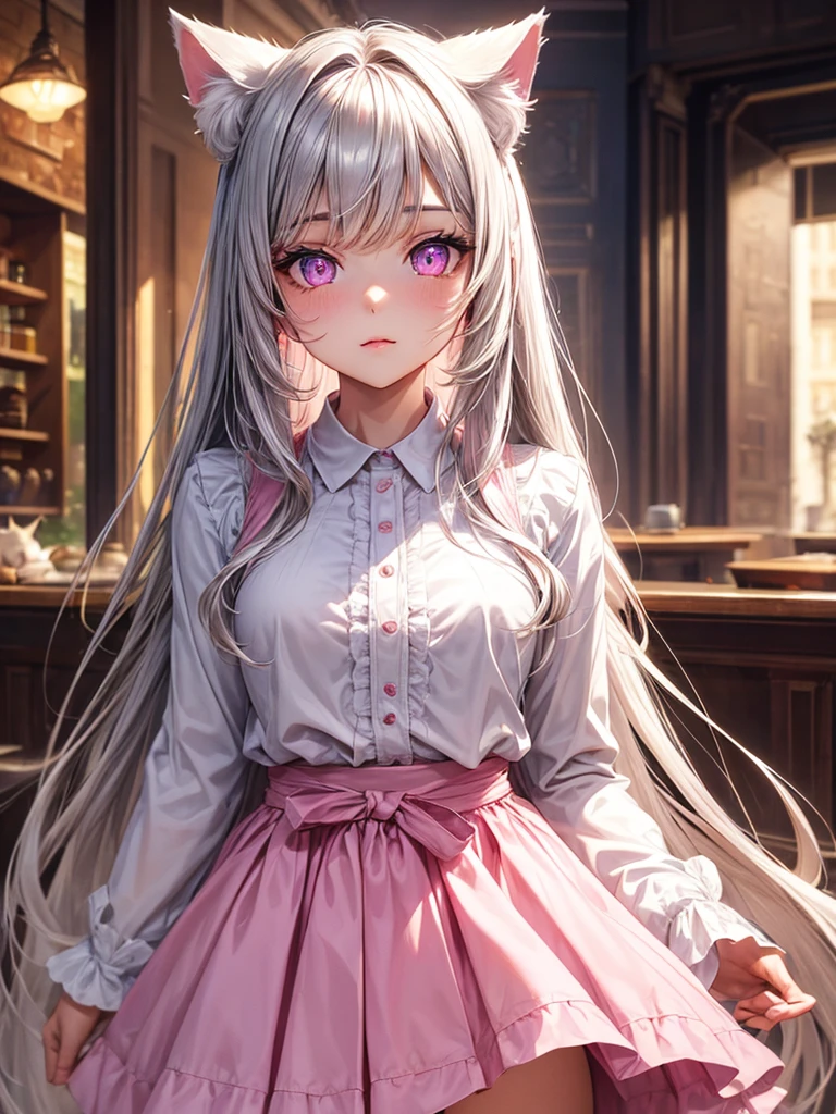 Highly detailed face,fine grain,Sparkling eyes,Highlighted eyes,Medium chest,pretty girl, Longing eyes,Cat ear, Beautiful silver hair,Pink inside,Beautiful pink eyes,Oversized shirt,skirt,Cafe
