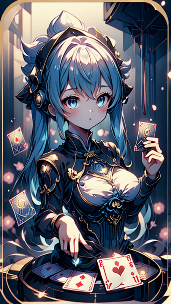 Cards，There are many cards floating in the sky，Girl holding cards，Girl holding a card，Big butt，Wide hips，Big Ass，Fantasy style，Magic Style，Sci-fi style，Sci-fi style与Magic Style，A girl holding a card with many cards floating behind her，Girl holding a card between two fingers，Girl holding cards，Correct human body structure，Correct body proportions，Girl holding a card，Girl holding cards，The girl holds a card in her hand，Street background，现代Street background，现代都市Street background，Magic Style的背景，Modern urban background，Cards floating in the sky，Cards floating in the background，Upper body close-up，Close-up above the waist，背景中有很多Cards floating in the air，Cards floating in the air，Tarot cards floating in the air