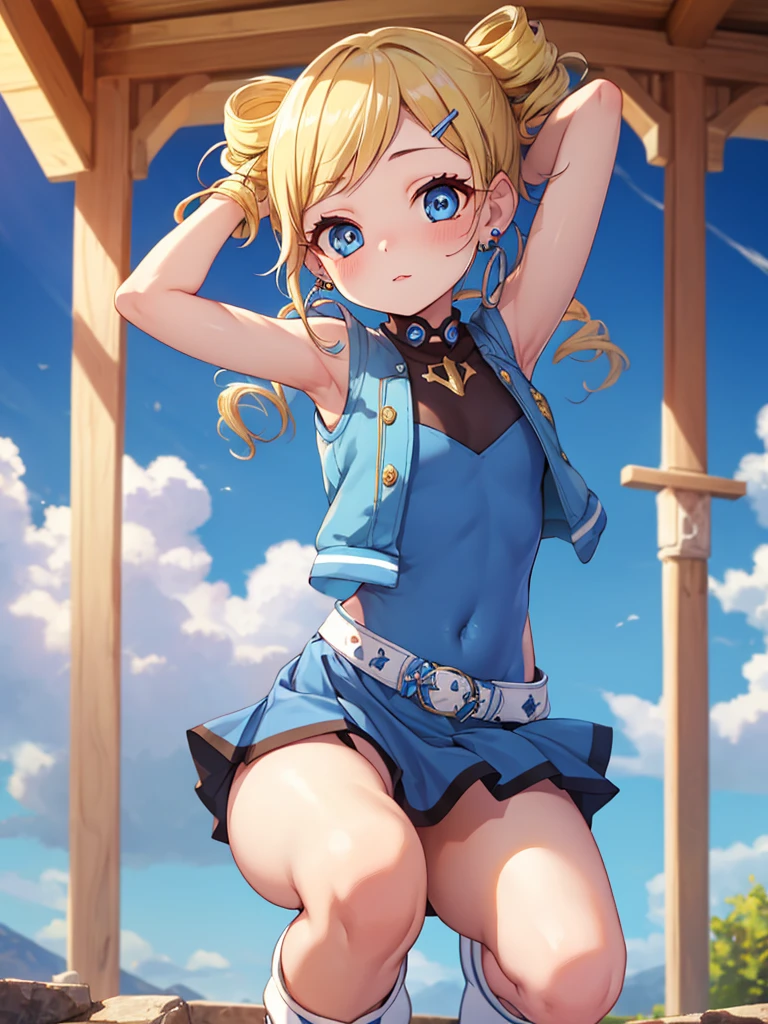 ppgzbb, blue eyes, Blonde, Twin Drill, Hair Clip, Earrings, Best, Blue leotard，Blue Skirt, Short skirt, boots, Are standing, Cowboy Shot, (Pose in front, Squat，Place your hands behind your head.)，Straight, 