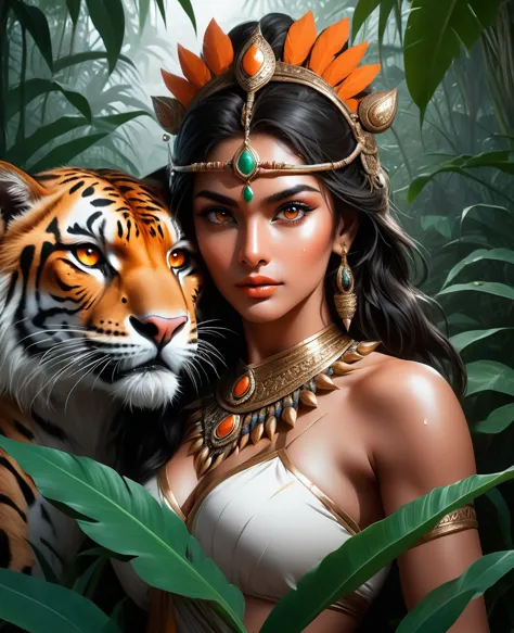 Lush plants，Beautiful Indian girl in Indian costume poses with a scepter and a ferocious cheetah in the jungle， Deep orange eyes...