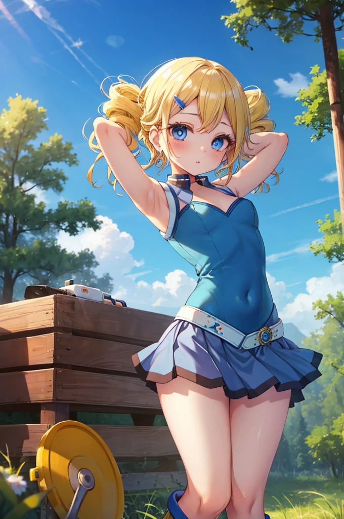 ppgzbb, blue eyes, Blonde, Twin Drill, Hair Clip, Earrings, Best, Blue leotard，Blue Skirt, Short skirt, boots, Are standing, forest，Cowboy Shot, (Pose in front, Squat，Place your hands behind your head.)，Straight, 