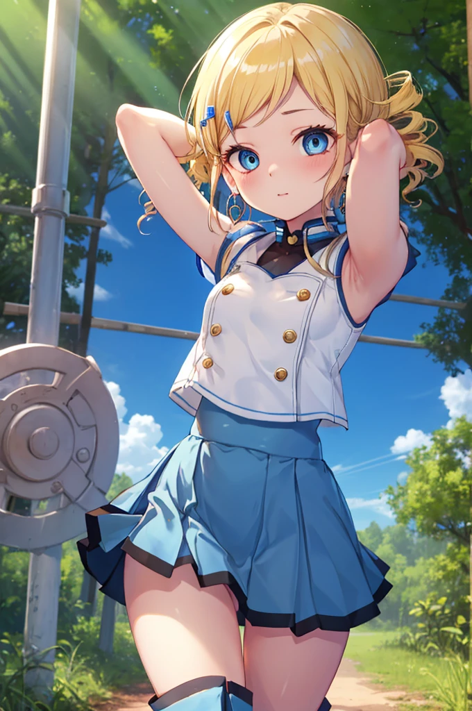 ppgzbb, blue eyes, Blonde, Twin Drill, Hair Clip, Earrings, Best, Blue leotard，Blue Skirt, Short skirt, boots, Are standing, forest，Cowboy Shot, (Pose in front, Squat，Place your hands behind your head.)，Straight, 