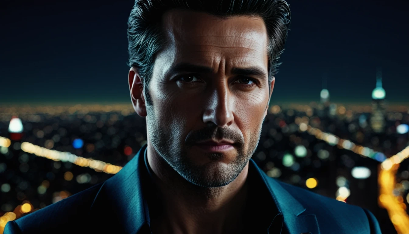 I want you to make a super realistic 4k man, looking centered, just the face, with a night city background. 