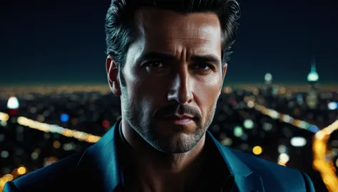 I want you to make a super realistic 4k man, looking centered, just the face, with a night city background. 