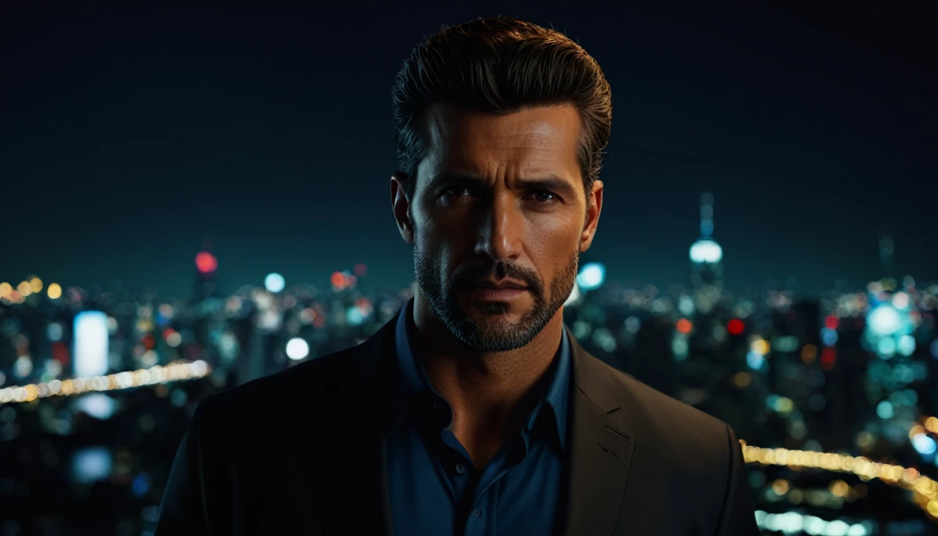 I want you to make a super realistic 4k man, looking centered, just the face, with a night city background. 