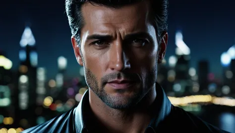 I want you to make a super realistic 4k man, looking centered, just the face, with a night city background. 