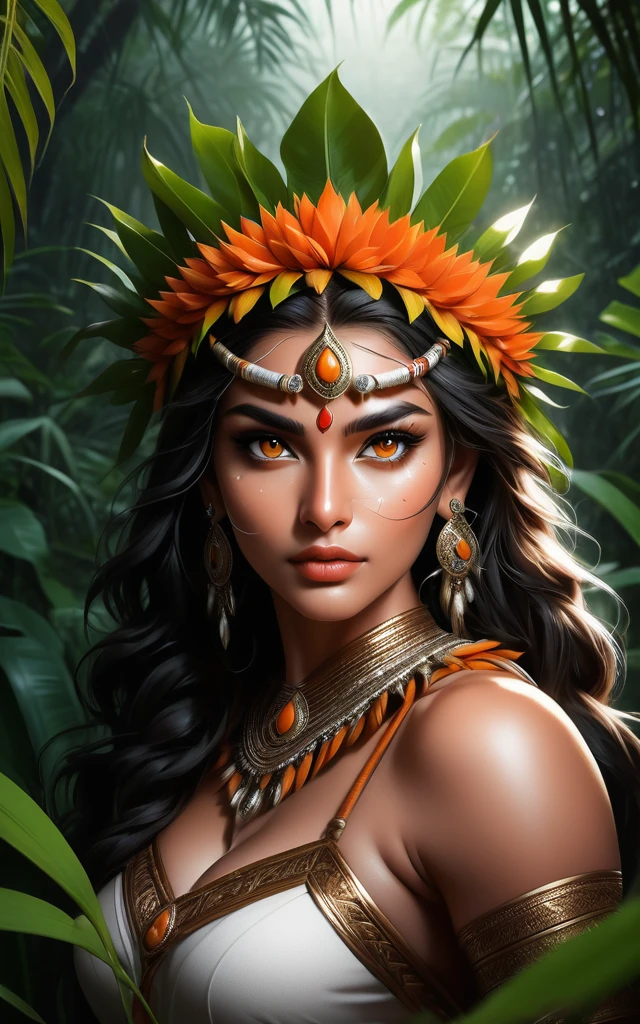 무성한 식물，인도 의상을 입은 아름다운 인도 소녀가 정글에서 홀과 사나운 치타와 함께 포즈를 취하고 있습니다.， 깊은 주황색 눈, 검정색과 흰색, 검정색 배경, (최고의 품질,4K,8K,높은 해상도,걸작:1.2),매우 상세한,(현실적인,photo현실적인,photo-현실적인:1.37),매우 상세한 동물 초상화, 극적인 조명, 강력한 포식자, 강렬한 표현, 매혹적인 눈, 매끄러운 점박이 모피, 근육질의, 로우 앵글 샷, 확대보기, 미니멀리스트 구성, 고대비 물방울이 나뭇잎에 떨어진다