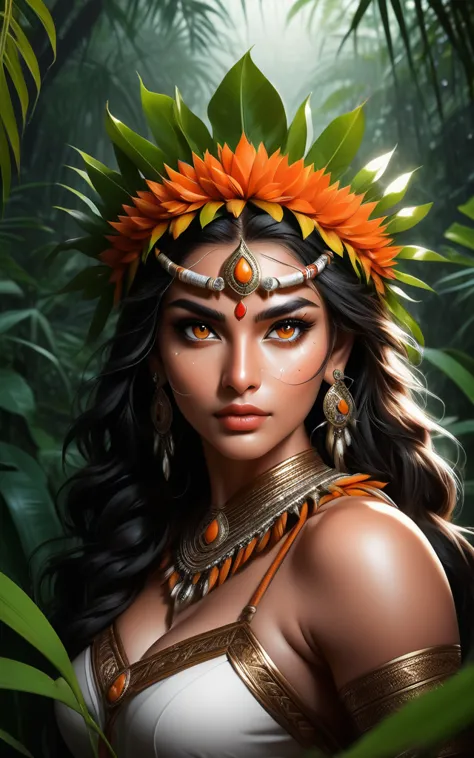 Lush plants，Beautiful Indian girl in Indian costume poses with a scepter and a ferocious cheetah in the jungle， Deep orange eyes...