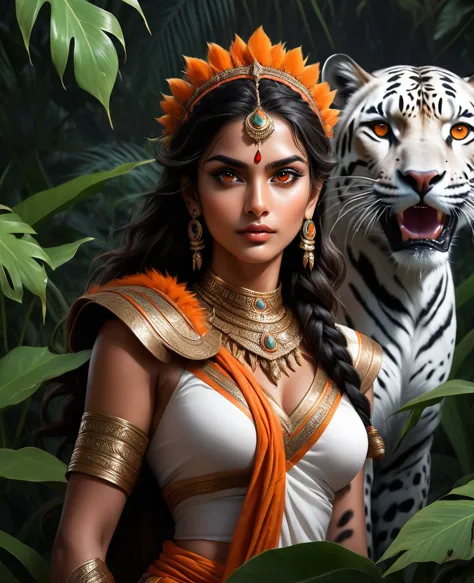 Lush plants，Beautiful Indian girl in Indian costume holding a scepter and a ferocious cheetah in the jungle， Deep orange eyes, b...