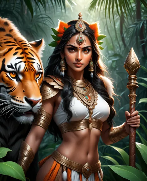 Lush plants，Beautiful Indian girl in Indian costume poses with a scepter and a ferocious cheetah in the jungle， Deep orange eyes...