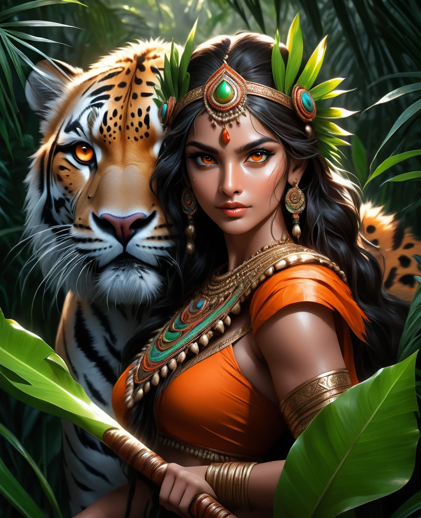 Plantes luxuriantes，Belle fille indienne en costume indien pose avec un sceptre et un guépard féroce dans la jungle， Yeux orange foncé, noir et blanc, fond noir, (Meilleure qualité,4k,8k,haute résolution,chef-d&#39;œuvre:1.2),extrêmement détaillé,(Pratique,photoPratique,photo-Pratique:1.37),Portraits d&#39;animaux très détaillés, Éclairage dramatique, Prédateur puissant, expression intense, des yeux fascinants, Fourrure lisse tachetée, Musclé, prise de vue en contre-plongée, vue rapprochée, composition minimaliste, Gouttes d&#39;eau à contraste élevé sur les feuilles