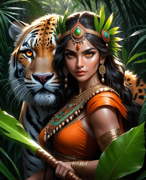 Lush plants，Beautiful Indian girl in Indian costume poses with a scepter and a ferocious cheetah in the jungle， Deep orange eyes...