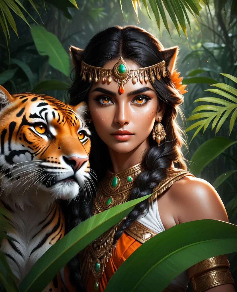 Plantes luxuriantes，Belle fille indienne en costume indien pose avec un sceptre et un guépard féroce dans la jungle， Yeux orange foncé, noir et blanc, fond noir, (Meilleure qualité,4k,8k,haute résolution,chef-d&#39;œuvre:1.2),extrêmement détaillé,(Pratique,photoPratique,photo-Pratique:1.37),Portraits d&#39;animaux très détaillés, Éclairage dramatique, Prédateur puissant, expression intense, des yeux fascinants, Fourrure lisse tachetée, Musclé, prise de vue en contre-plongée, vue rapprochée, composition minimaliste, Gouttes d&#39;eau à contraste élevé sur les feuilles