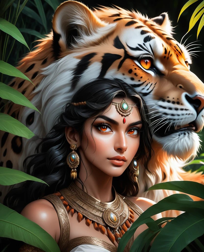 Plantes luxuriantes，Belle fille indienne en costume indien pose avec un sceptre et un guépard féroce dans la jungle， Yeux orange foncé, noir et blanc, fond noir, (Meilleure qualité,4k,8k,haute résolution,chef-d&#39;œuvre:1.2),extrêmement détaillé,(Pratique,photoPratique,photo-Pratique:1.37),Portraits d&#39;animaux très détaillés, Éclairage dramatique, Prédateur puissant, expression intense, des yeux fascinants, Fourrure lisse tachetée, Musclé, prise de vue en contre-plongée, vue rapprochée, composition minimaliste, Gouttes d&#39;eau à contraste élevé sur les feuilles