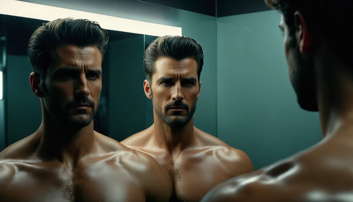 I want you to make a super realistic 4k man, looking in the mirror and the reflection in the mirror is another person the reflection is centered and the man on the left side.