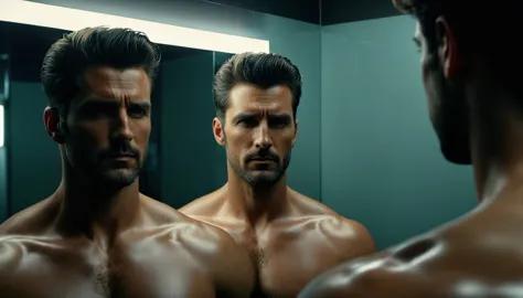 I want you to make a super realistic 4k man, looking in the mirror and the reflection in the mirror is another person the reflec...