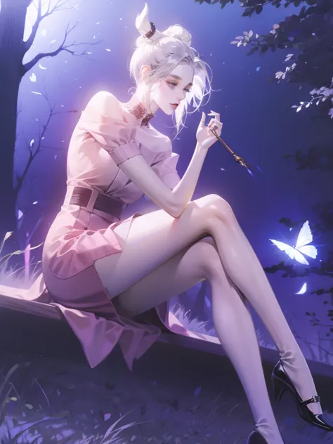 1 girl，shimizu，blue butterfly，pure white gauze skirt，shiny，sitting in the woods