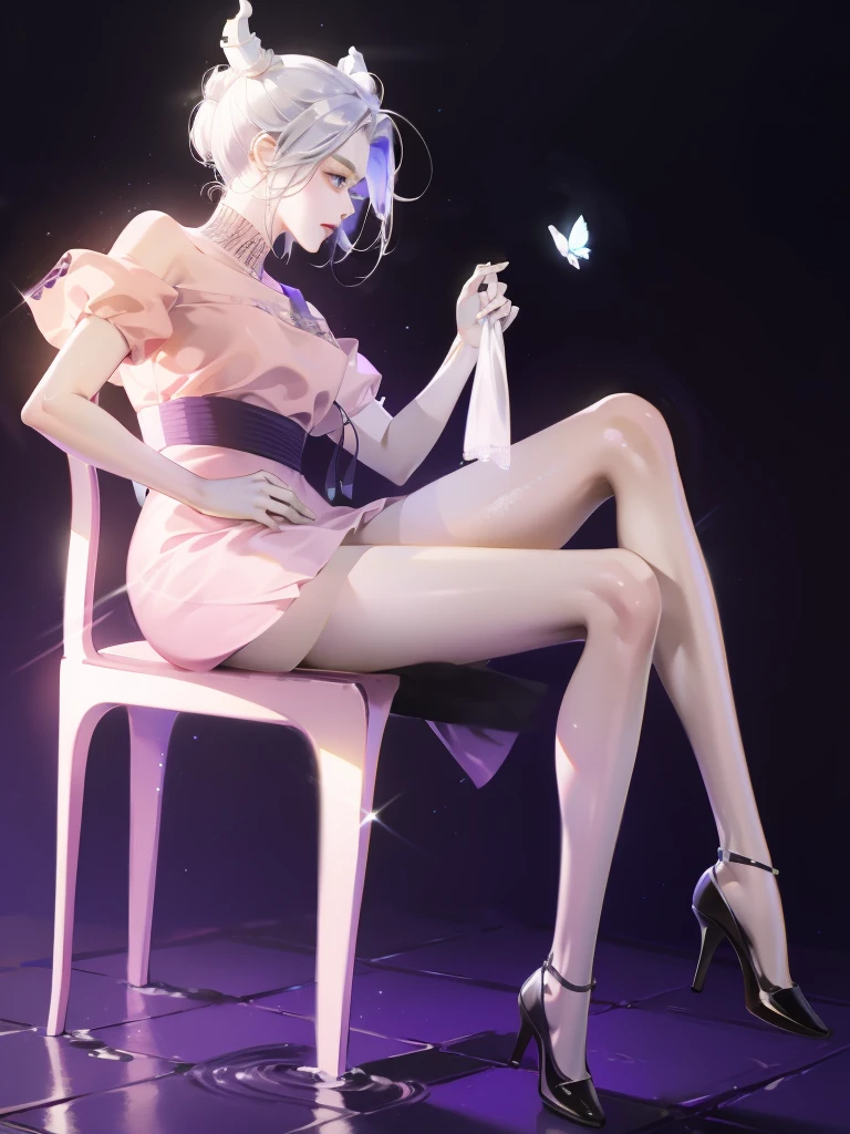 1 girl，Shimizu，Blue Butterfly，Pure white gauze skirt，shiny，Sitting in the air
