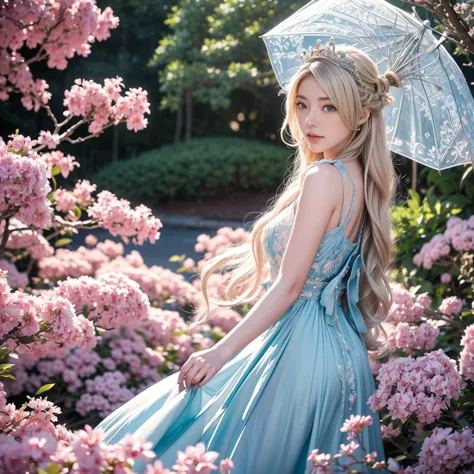 a cinematic landscape photograph featuring an elegant and charming japanese woman. she has a slight smile and flowing blonde hai...