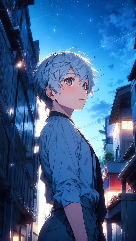 A half-body portrait of a teenage  boy with Smoky white hair, brown eyes ,wearing a black suit. Turn around and look back at the half-body image. look back. city view at night