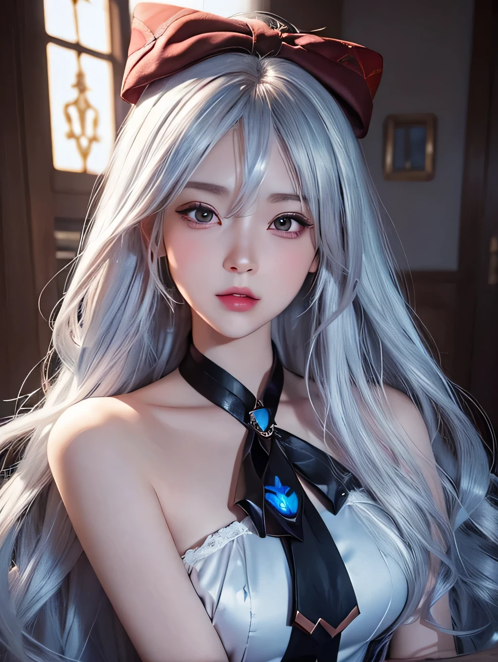 (masterpiece:1.1), (detailed:1.1), ((1girl)), (8k), medium breasts, anime girl with long silver hair, perfect platinum haired girl, seductive anime girl, girl with platinum hair, beautiful anime girl, photorealistic anime, realistic young anime girl, hyper realistic anime, realistic anime 3 d style, attractive anime girl, smooth anime cg art, anime girl, beautiful anime woman, silver haired, (brown eyes), (red bow), (cute face), rosy cheeks, (detailed face), (detailed eyes), (look like sinestrea arena of valor), (sinestrea from arena of valor), (beautiful face), full body shot, skin white, (eye left blue), (eye right brown)