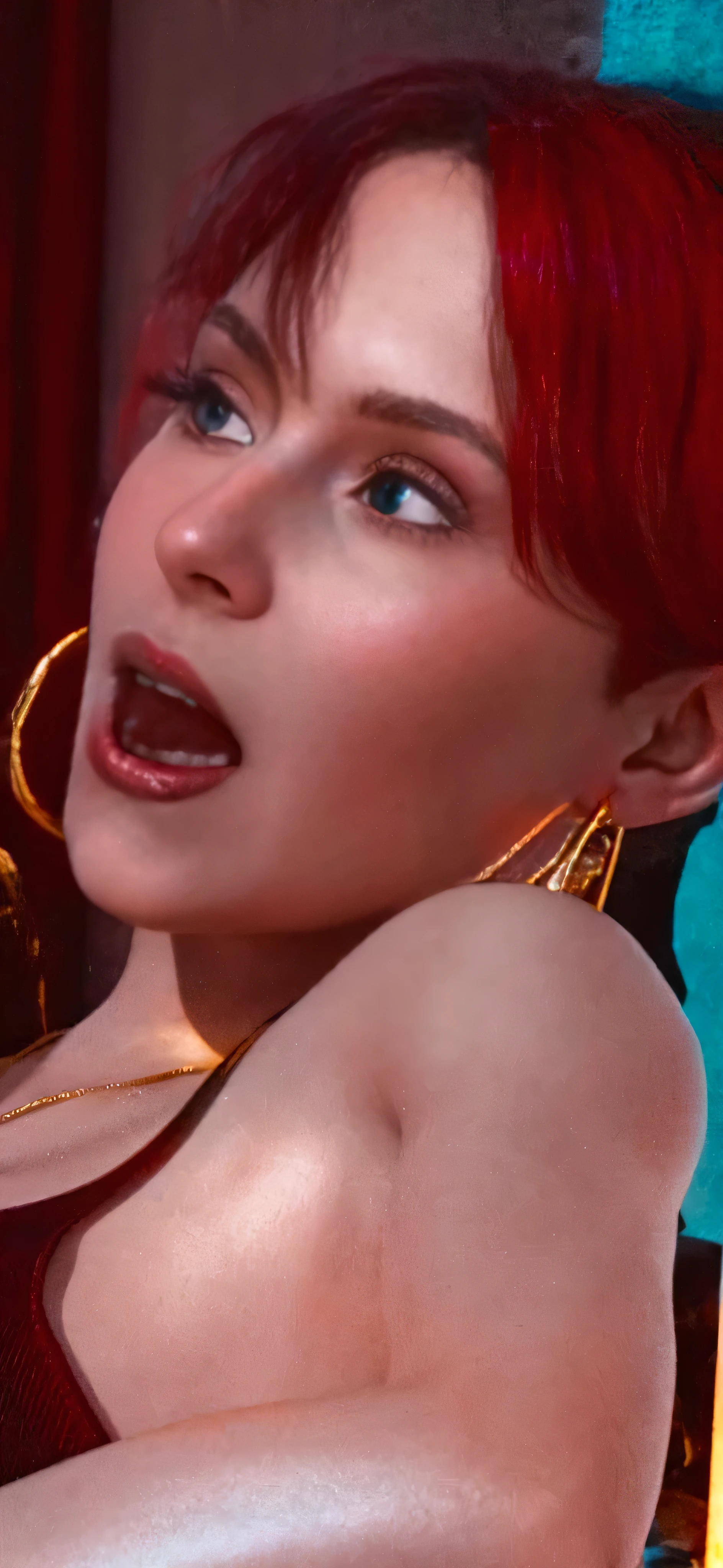 there is a woman with a very big hoop earrings on her neck, 8 k (red) sensual lighting, 8k octane render photorealistic, [ 4 k photorealism ]!!!, [ 4 k photorealism ], [ 4 k photorealism ]!!, hyper realistic octane render 4k, 8k portrait render, digital art. photo realistic, daz 3d, photorealistic artstyle