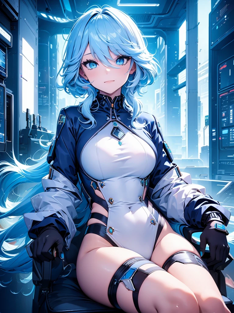 Furina, 1women, wearing a futuristic outfit, cyberpunk outfit, at a future city, cyberpunk look, light blue colour hair, 8k, high detailed, high quality
