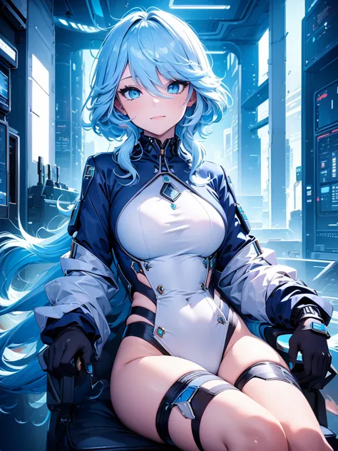 Furina, 1women, wearing a futuristic outfit, cyberpunk outfit, at a future city, cyberpunk look, light blue colour hair, 8k, hig...