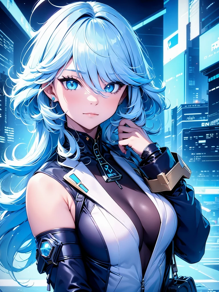 Furina, 1women, wearing a futuristic outfit, cyberpunk outfit, at a future city, cyberpunk look, light blue colour hair, 8k, high detailed, high quality
