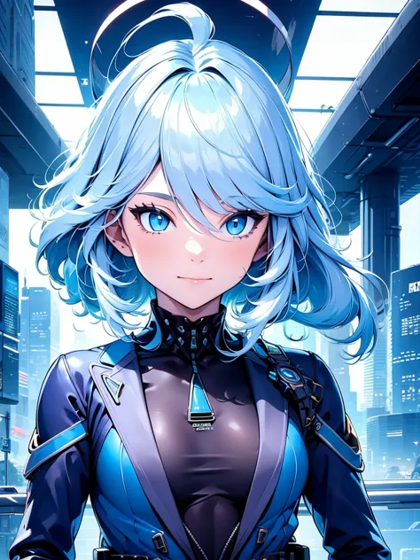 Furina, 1women, wearing a futuristic outfit, cyberpunk outfit, at a future city, cyberpunk look, light blue colour hair, 8k, hig...
