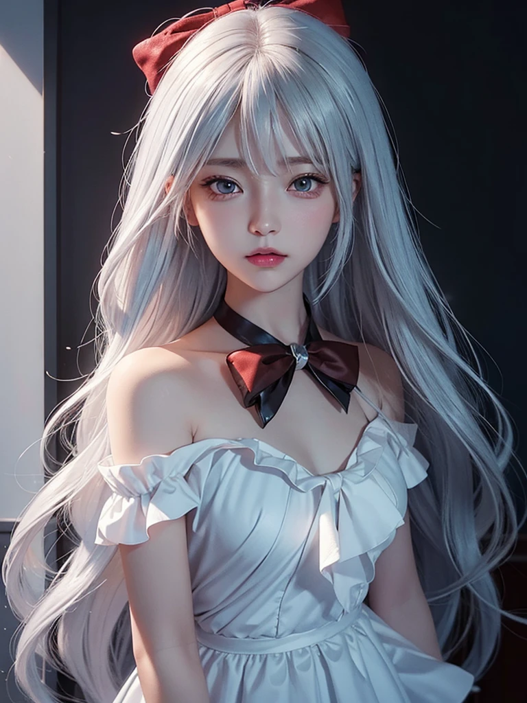 (masterpiece:1.1), (detailed:1.1), ((1girl)), (8k), medium breasts, anime girl with long silver hair, perfect platinum haired girl, seductive anime girl, girl with platinum hair, beautiful anime girl, photorealistic anime, realistic young anime girl, hyper realistic anime, realistic anime 3 d style, attractive anime girl, smooth anime cg art, anime girl, beautiful anime woman, silver haired, (brown eyes), (red bow), (cute face), rosy cheeks, (detailed face), (detailed eyes), (look like sinestrea arena of valor), (sinestrea from arena of valor), (beautiful face), full body shot, skin white, (eye left blue), (eye right brown)