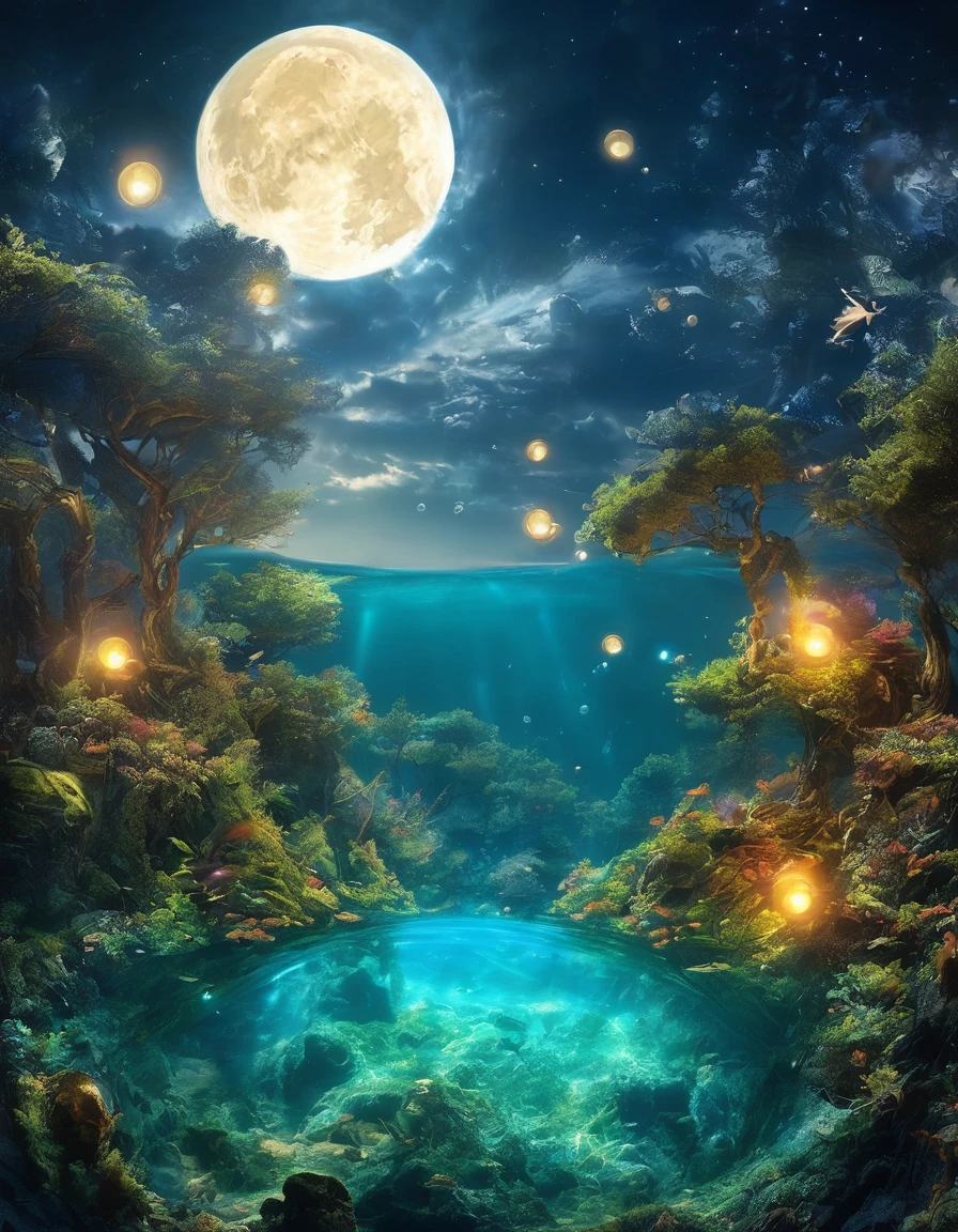 underwater, moon as a giant bubble, (high quality:1.4), (best quality:1.4), (masterpiece:1.4), official art, official wallpaper, surreal, beautiful goddess, (mystical creatures:1.1), (floating islands:1.1), (detailed landscape:1.1), (magic in the air:1.1), (stardust:1.1), night sky, (whimsical atmosphere:1.1), (dreamlike world:1.1), (bubbles:1.1), flying books, (luna moths:1.1), (moonlight:1.1), enchanted forest, (wisdom:1.1), (powerful energy:1.1), (guardian angels:1.1), (peaceful:1.1), vibrant colors, (detailed:1.05), (extremely detailed:1.06), sharp focus, (intricate:1.03), cinematic lighting, (extremely intricate:1.04), (epic scenery:1.09), (beautiful scenery:1.08), (detailed scenery:1.08), (intricate scenery:1.07), (wonderful scenery:1.05), (sharp focus, absurdres, high quality, masterpiece, highres, best quality:1.5)