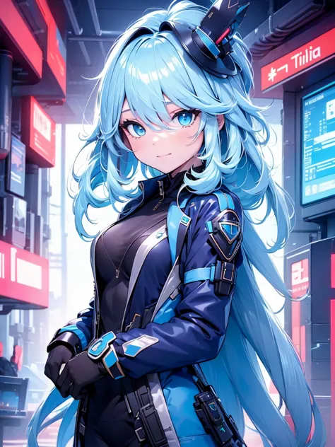 Furina, 1girl, wearing a futuristic outfit, cyberpunk outfit, at a future city, cyberpunk look, light blue colour hair, 8k, high...