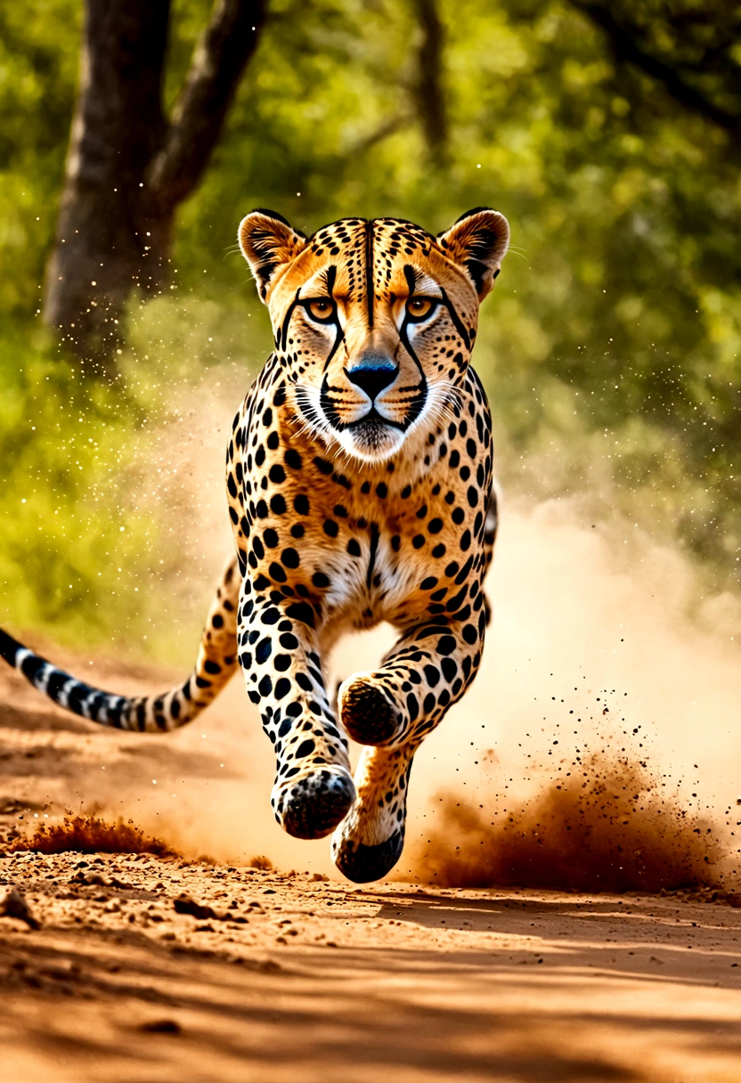 guepardo corriendo como The Flash, espejismo de velocidad, Velocidad rápida, acción de abalanzarse, muy detallado, Fotorrealista, 8k, Híper realista, extremadamente detallado, iluminación cinematográfica, colores vibrantes, composición dinámica, Músculos poderosos, movimiento borroso, partículas de polvo, profundidad de campo