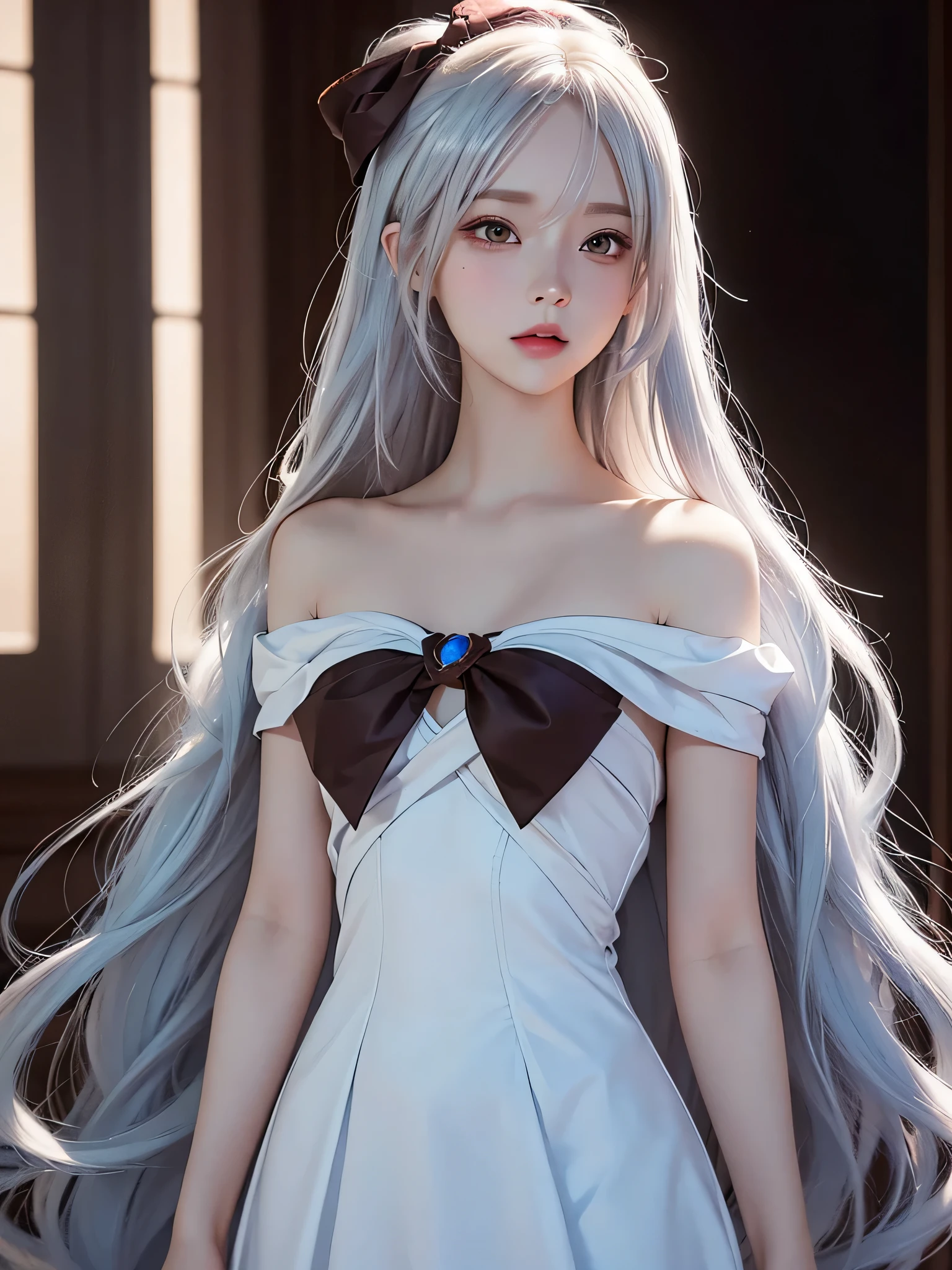 (masterpiece:1.1), (detailed:1.1), ((1girl)), (8k), medium breasts, anime girl with long silver hair, perfect platinum haired girl, seductive anime girl, girl with platinum hair, beautiful anime girl, photorealistic anime, realistic young anime girl, hyper realistic anime, realistic anime 3 d style, attractive anime girl, smooth anime cg art, anime girl, beautiful anime woman, silver haired, (brown eyes), (red bow), (cute face), rosy cheeks, (detailed face), (detailed eyes), (look like sinestrea arena of valor), (sinestrea from arena of valor), (beautiful face), full body shot, skin white, (eye left blue), (eye right brown)