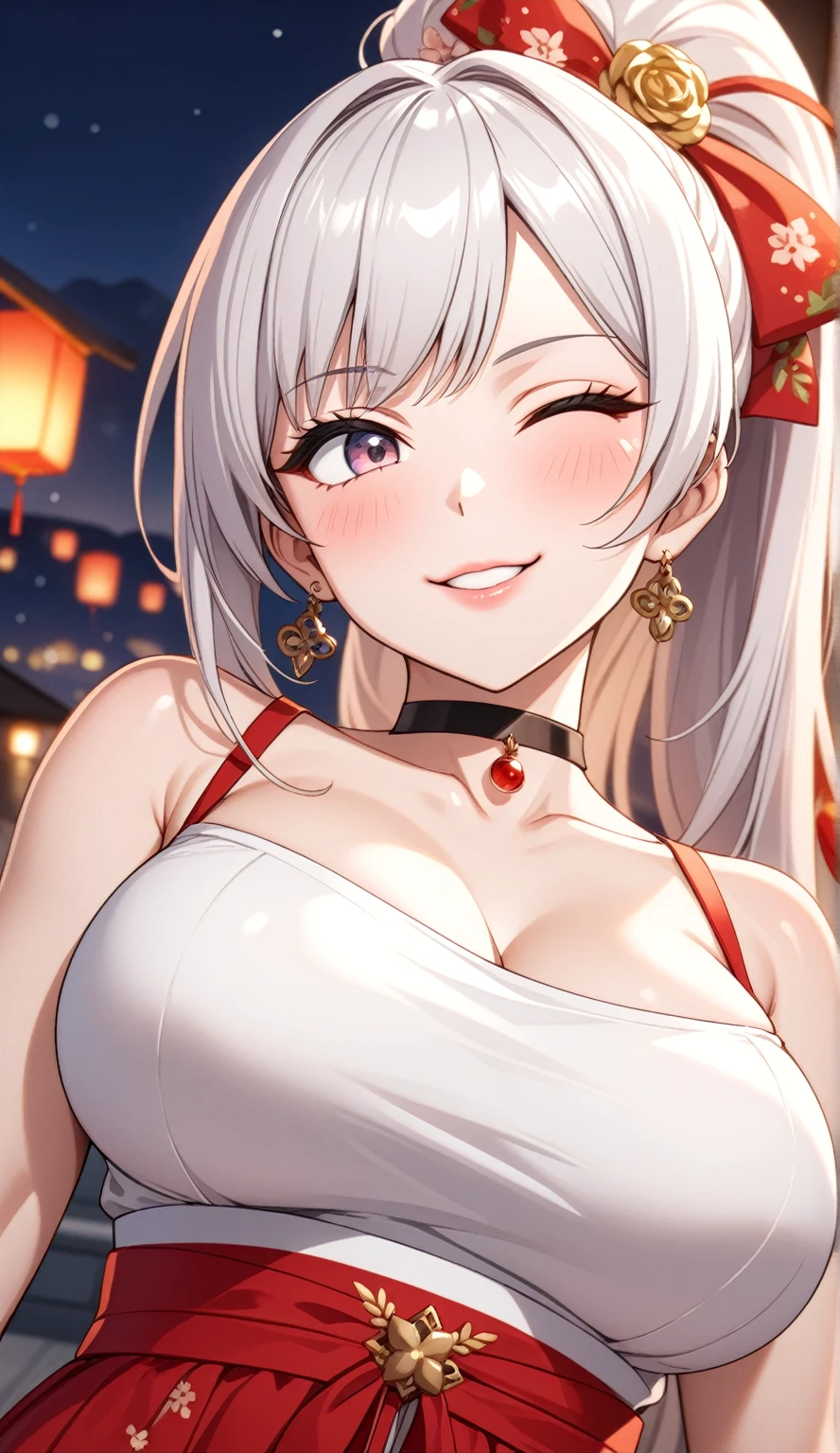 ((One personの女性)), Beautiful Face,((smile)),((Wink:1.9)),((Touching lips)), 口を大きく開けてsmile,((Bright red cheeks:1.4)),Shiny red lips,night,rooftop,Festive decorations,You can see the ocean, firework,口を開けてsmile,Glossy pink lips,Facial Lighting,((Anime style background)),masterpiece, Highest quality, so beautiful,Latest, Complex details, (Pink long nails),(ring),(bracelet),(choker),AI-generated, Complex,High resolution, Highest quality, super high quality,3D Images、3D Images,One person,Long white hair,High Ponytail,(Pale eyes),Anime woman posing for a photo, ((fine grain、Silver-white colorful eyes、Shining Eyes:1.4)),(Squint your eyes:1.1),a hyperRealistic , hyperRealistic , Realistic,Long white hairのアニメ女性, Smooth anime CG art, A woman in a colorful kimono with gold embroidery, (black furisode),Red floral pattern,Long flower hair ornament,big floral earrings,Mature Body,(Big Breasts:1.1),expensive,Abdominal muscles,Tight waist,(Zoom up to face:1.7),Shooting from diagonally below