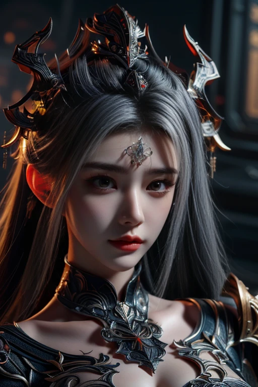 Masterpiece,Game art,The best picture quality,Highest resolution,8K,(Portrait),Unreal Engine 5 rendering works,(Digital Photography),((Portrait Feature:1.5)),
20 year old girl,Short hair details,With long bangs,(The red eye makeup is very meticulous),(With long gray hair:1.4),(Large, full breasts),Elegant and noble,Brave and charming,
(Future armor combined with the characteristics of ancient Chinese armor,Hollow design,Power Armor,The mysterious Eastern runes,A delicate dress pattern,A flash of magic),Warrior of the future,Cyberpunk figures,Background of war,
Movie lights，Ray tracing，Game CG，((3D Unreal Engine))，OC rendering reflection pattern