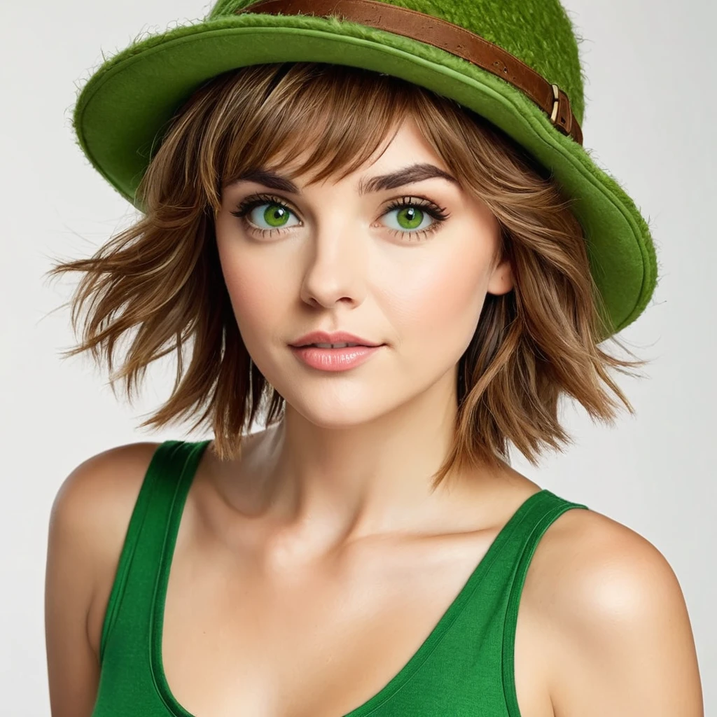 femme barbue et touffue, Poils, cheveux châtain clair courts, yeux ambrés, chapeau Peter Pan vert