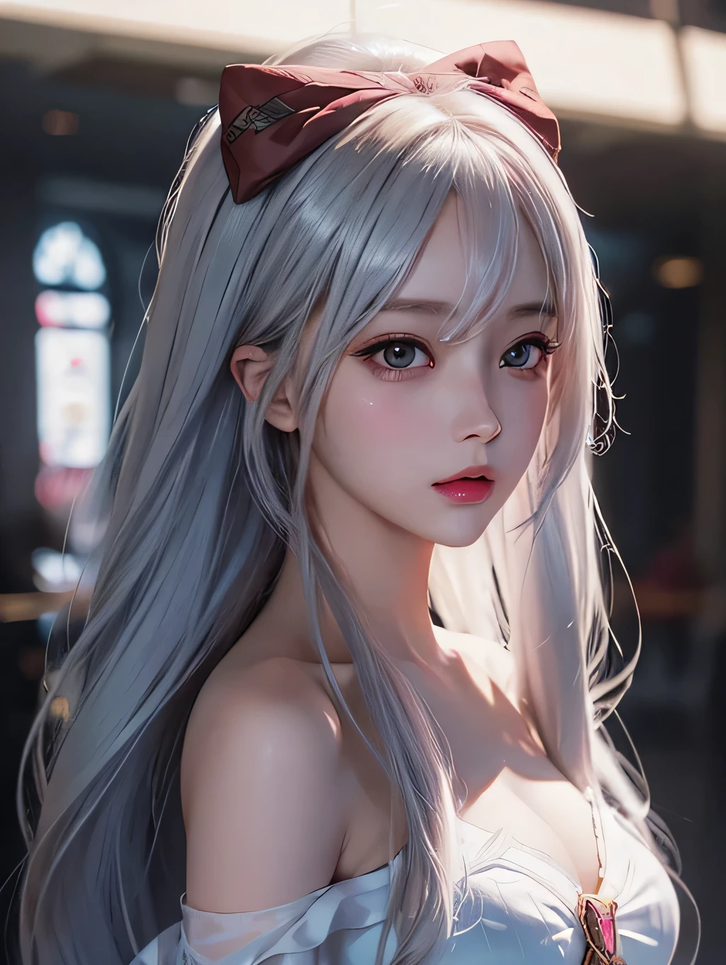 (masterpiece:1.1), (detailed:1.1), ((1girl)), (8k), medium breasts, anime girl with long silver hair, perfect platinum haired girl, seductive anime girl, girl with platinum hair, beautiful anime girl, photorealistic anime, realistic young anime girl, hyper realistic anime, realistic anime 3 d style, attractive anime girl, smooth anime cg art, anime girl, beautiful anime woman, silver haired, (brown eyes), (red bow), (cute face), rosy cheeks, (detailed face), (detailed eyes), (look like sinestrea arena of valor), (sinestrea from arena of valor), (beautiful face), full body shot, skin white, (eye left blue), (eye right brown)