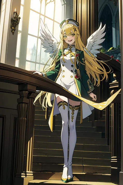 cathedral background,full body,whole body,slender,thin legs,Greenish-yellow hair，Yellow-green pupils，White clothes with green an...