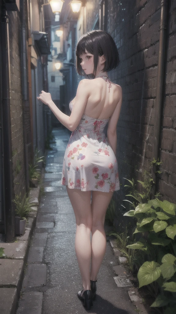 Highest quality , High resolution , Detailed CG , high school girl , short hair , Floral dress , slender , Modest chest , Beautiful small hips , Black Hair , Two limbs , Optimal ratio , Embarrassed expression , Burning cheeks , In town , Narrow alley at night , Very dark back alley , Nipples are visible , touching one&#39;s own breasts with one&#39;s own hands , facial expression during orgasm , Hiding in the shadows ,