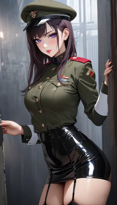 woman,(((sexy female soldier))),(((uniform,tight skirt,high heels,whole bodyタイツ,uniform cap,latex,garter belt))),(detailed descr...