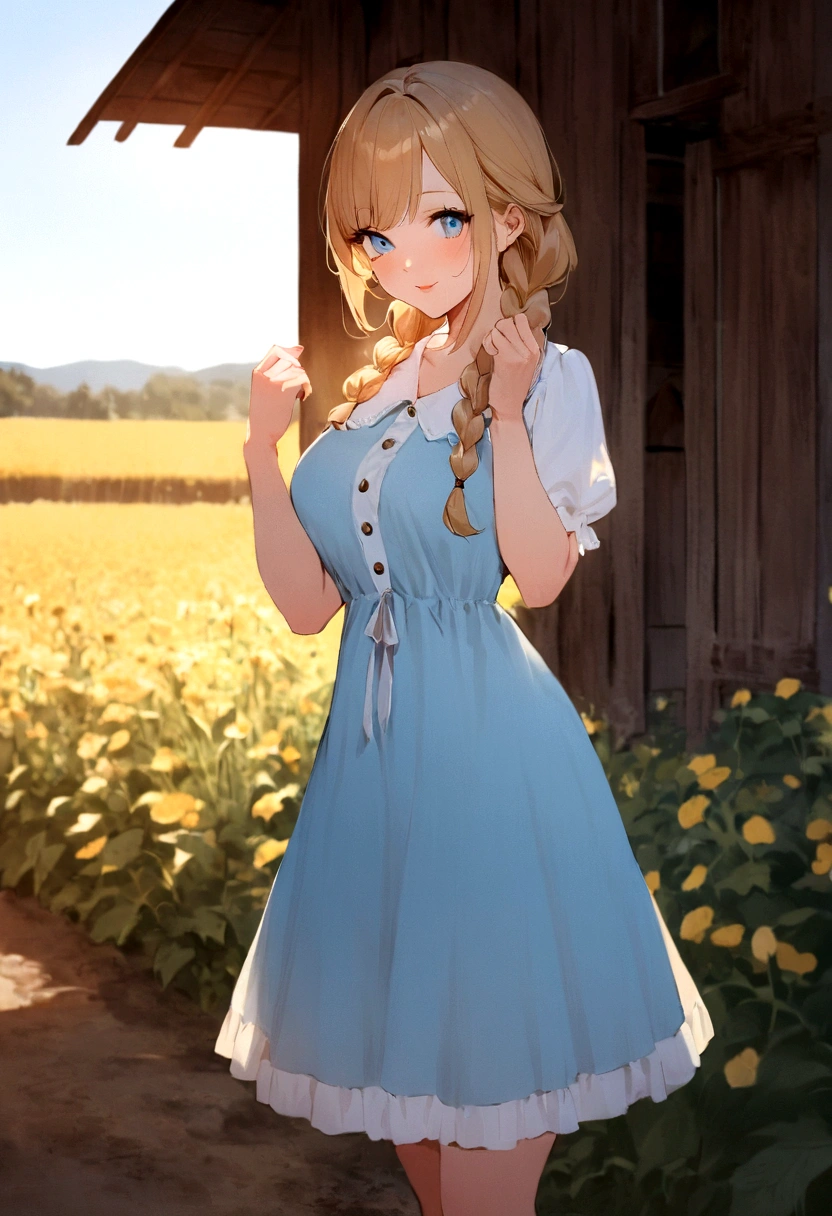 1girl, 20 years old, tall and attractive, wearing a cute country dress, hair braided, standing in a rustic farm setting. She has a soft, gentle smile and expressive eyes. In the background are charming barns, golden wheat fields and clear blue skies. The composition should be bathed in warm golden hour light, with soft depth of field and soft bokeh to accentuate the idyllic tranquility. Capture images as if they were shot on vintage 35mm film for added oomph, filmg,