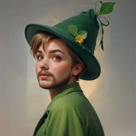 bushy shaggy bearded woman, facial hair, short light brown hair, amber eyes, green peter pan hat