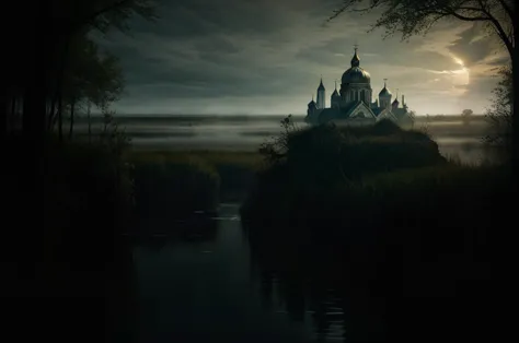 In this mystical scene a shining Orthodox church rises from the murky waters of a primordial swamp, the ornate black domes and c...
