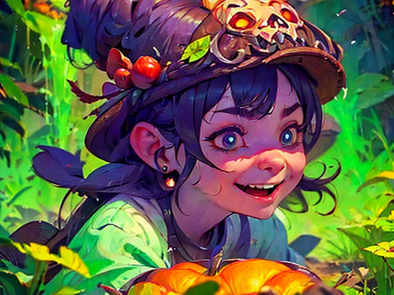 Gruesome and spooky details、Cute Smile、Mysterious atmosphere、Alice in Wonderland、Enthusiastic atmosphere、Mischievous Smile、Expressive gestures、Comical movement、Psychedelic Mushroom Background
