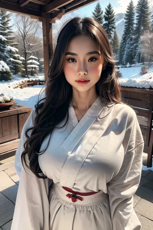 hermosa chica japonesa, cara linda, facciones delicadas, Llevar kimono tradicional, paisaje de invierno, nieve cayendo, Pinos, montañas en el fondo, iluminación cálida, enfoque suave, detalles intrincados, cinematográfico, photoRealista, premiado, (mejor calidad,4k,8K,alta resolución,obra maestra:1.2),ultra detallado,(Realista,photoRealista,photo-Realista:1.37),ojos detallados,labios detallados,cara extremadamente detallada,pestañas largas,elegant pose,expresión serena